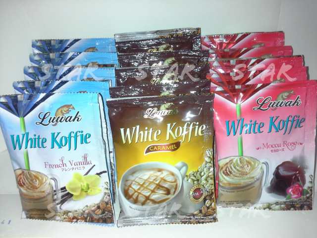 Luwak White Koffie キャップ3バリアント（フレンチバニラ、キャラメル＆モカローズ）、30個の小袋（10個の小袋ごと）