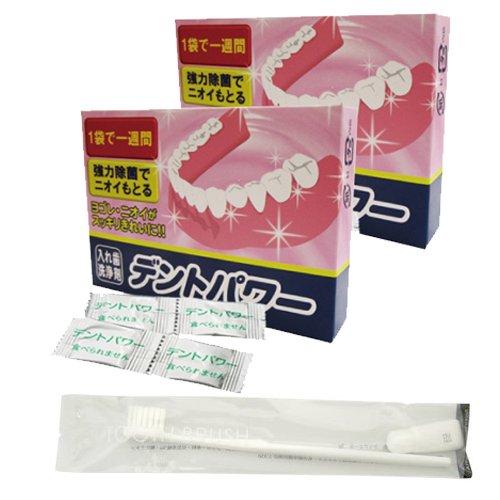 デントパワー 入れ歯洗浄剤 10ヵ月用(専用ケース無し) x2個 + チューブ歯磨き粉付き歯ブラシ セット