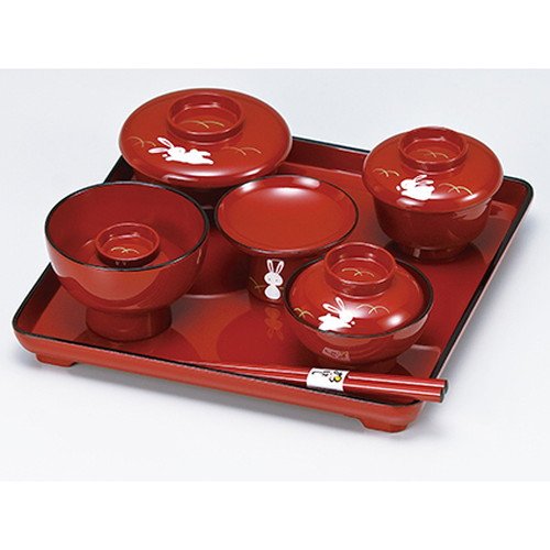 会津漆器 総本朱 喰初セット うさぎ ［ 盆23 x 23 x 2.5cm ］ 【 子ども用 お祝い 和食器 飲食店 業務用 】