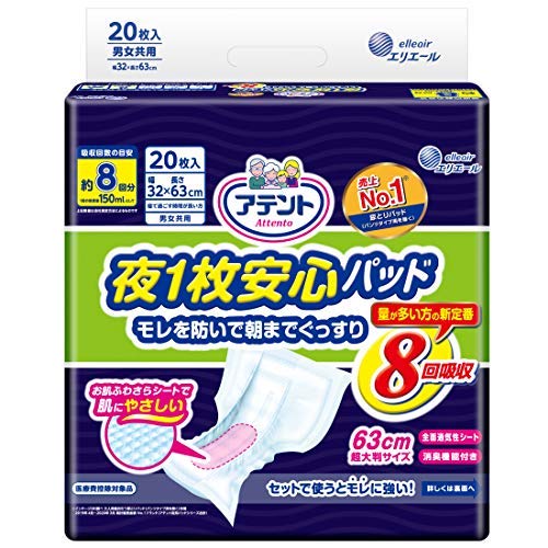 アテント夜１枚安心パッドモレを防いで朝までぐっすり８回吸収２０枚 × 4個セット