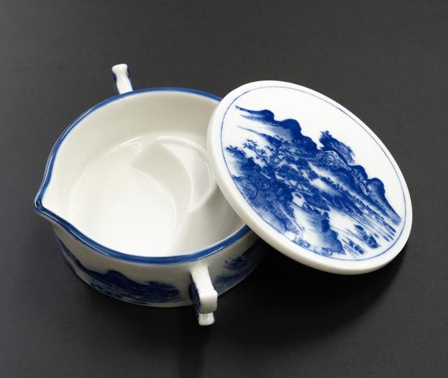 弘梅堂 墨池 山水 中 筆置き付 美濃焼