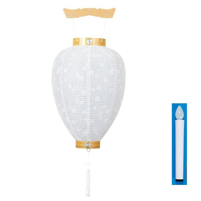 京仏壇はやし 盆提灯 盆ちょうちん 【 LED ローソク電池灯 付き 吊り提灯 柾紋天 (白紋天) 初盆 新盆用 白提灯 コードレス 】高さ40cm