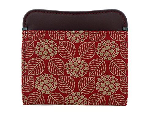 印傳屋 印伝 薄い財布 ホック式小銭入れ 1208 小銭入G 赤地鹿革白漆 あじさい柄 9.7cm×10.5cm×1.5cm ボックス型ポケット