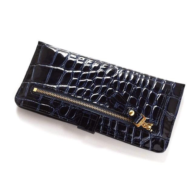 [ヴィアドアン] VIA DOAN 長財布 レディース 本革 エナメル クロコ型押し 薄マチ ロングウォレット 日本製 【No.337】 (ネイビー)