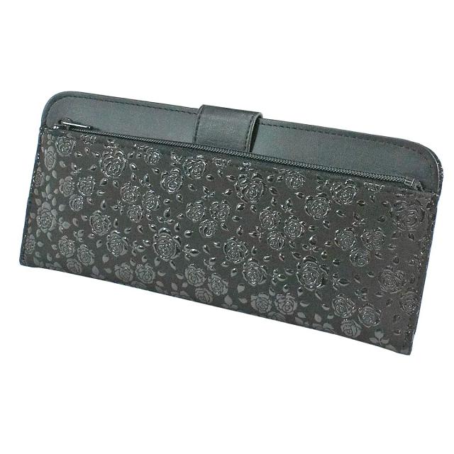 [印傳屋] 印伝 財布 長財布 束入L 薄い 鹿革 黒地×黒漆 ローズ小柄 2107-01-176