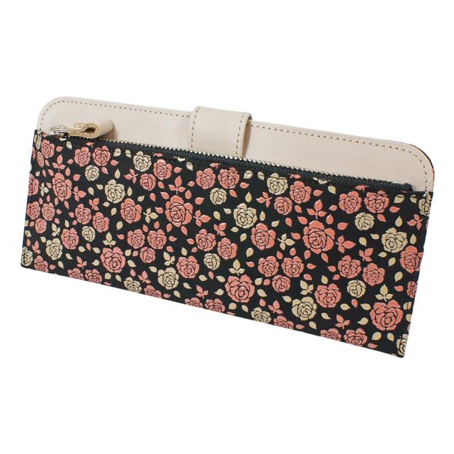 [印傳屋] 印伝 長財布 薄い 鹿革 かぐわ ローズ小柄 黒地×白ピンク漆 8402