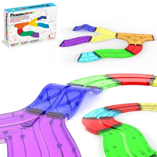 PicassoTiles 12ピース レーストラック 追加 マグネット式 組み立てブロックセット マグネットタイル 建築 玩具 STEM学習キット 早