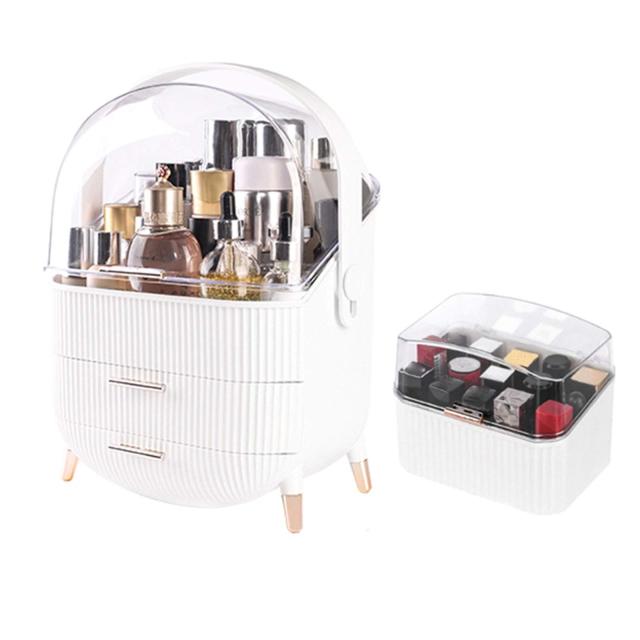メイクボックス MM 大容量化粧オーガナイザー、3層収納防水化粧品収納ボックス、透明ダストカバー、25x18.5x37cm (Color : Whit