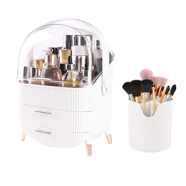 メイクボックス MM 大容量化粧オーガナイザー、3層収納防水化粧品収納ボックス、透明ダストカバー、25x18.5x37cm (Color : Whitの通販は