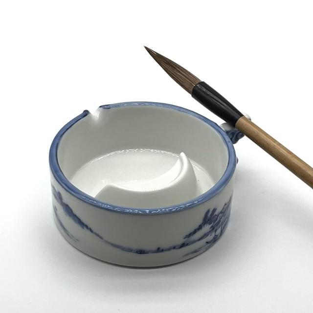 大玄堂 書道 墨池 ぼくち「山水」【小サイズ】 陶器 円硯 筆置き付き