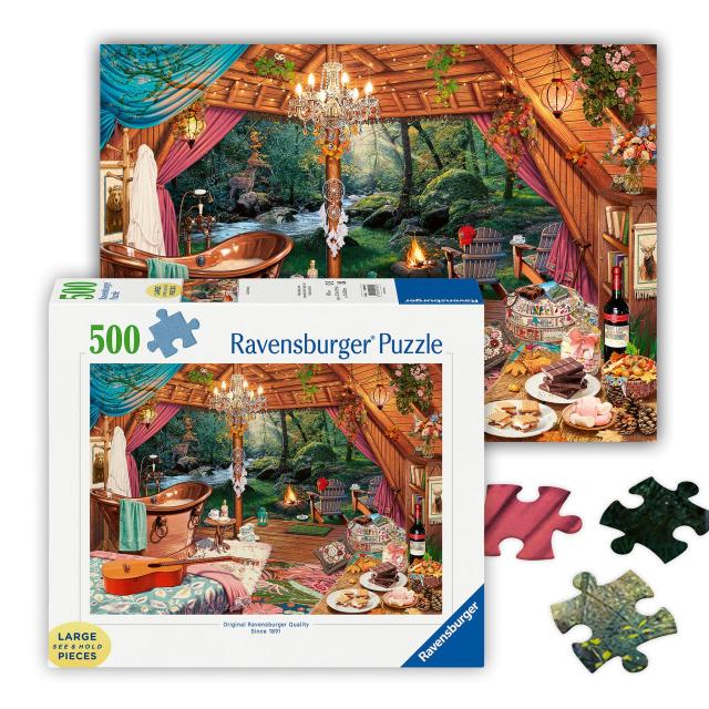 Ravensburger - 居心地の好いたらしいグランピング - 500平和条約 大判謎合わせ - 飾り気の無いな掘っ建て小屋から見た川の趣のある想い浮かべる - ひな型