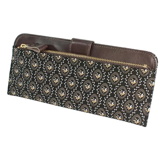 [印傳屋] 印伝 長財布 小銭入れあり 薄い 鹿革 しらべ すずらん柄 黒地×ベージュ漆×パールホワイト更紗 7003