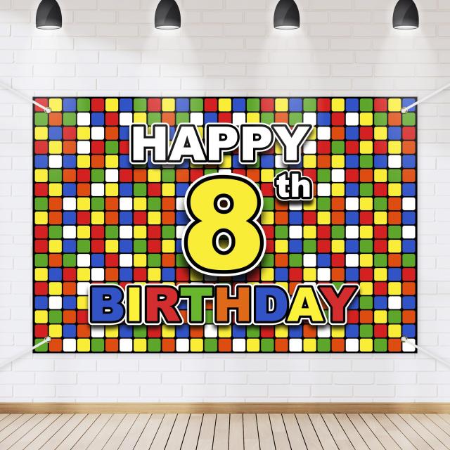 カラフルなキューブ Happy 8th Birthday 背景バナー カラフルな格子縞 ブロック パズル ゲーム テーマ 装飾 男の子 女の子 誕生日