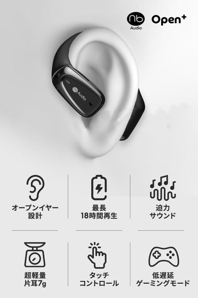 (nb)Audio Open+ (エヌビーオーディオ オープン) オープンイヤー型 完全 ワイヤレスイヤホン 耳を塞がない 耳掛け 軽量7g 低遅延モ_2