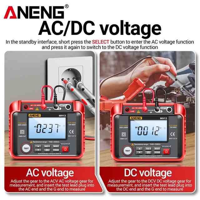 Aneng-デジタル絶縁抵抗計Mh13250v-2500v1molu-200gΩmegogomテスト自動配置10v?600v ac/dc電圧計