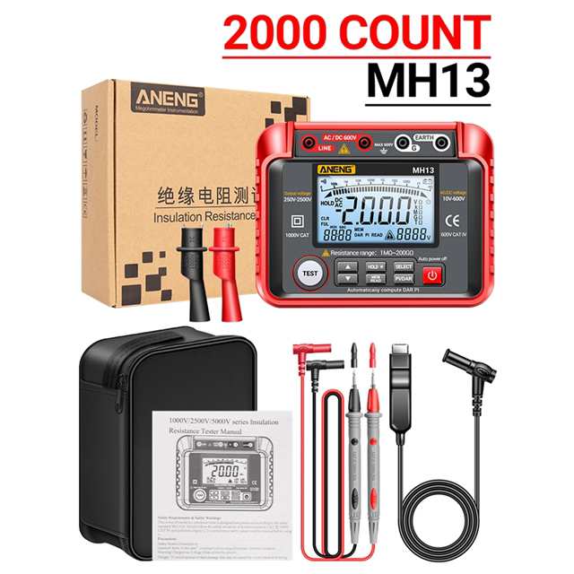 Aneng-デジタル絶縁抵抗計Mh13,250v-2500v,1molu-200gΩ,megogomテスト,自動配置10v?600v ac/dc電圧計