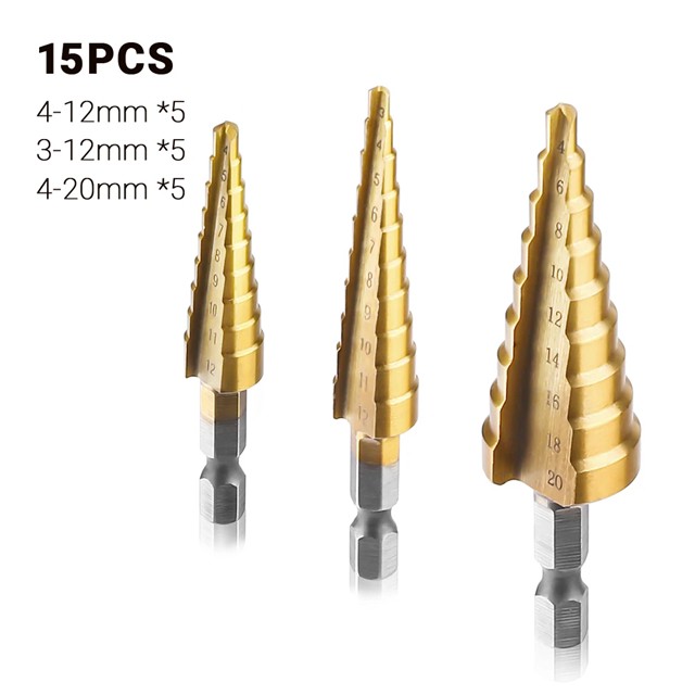 3ピース/セット3-12ミリメートル4-12ミリメートル4-20ミリメートルhssストレート溝ステップドリルビットチタンコーティングされた木金属