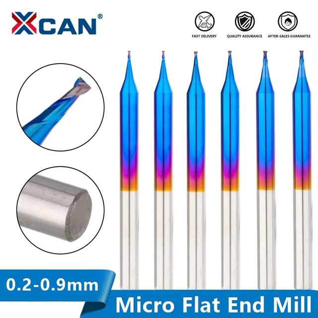 XcanフライスビットD0.2-D0。9ミリメートルマイクロフラットエンドミル超硬2本のフルートのcncルータービットナノブルーコーティングされ
