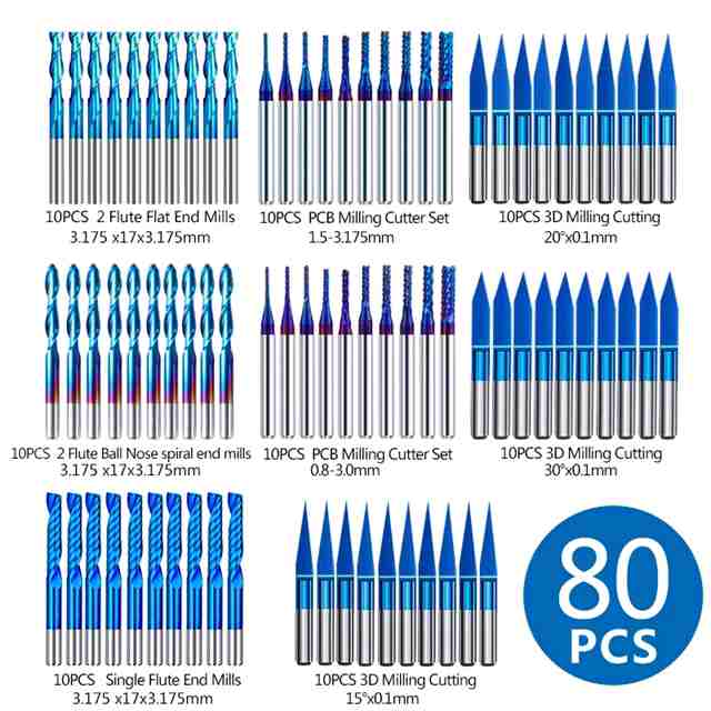 Xcan-CNCフライス盤用のCarbitsセット,ブルーコーティングされたフライス盤,最大1/8インチの切断用のフライス工具