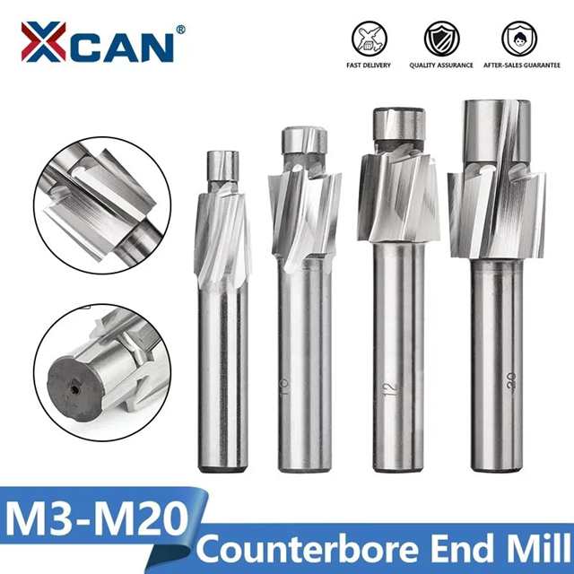 Xcan 1pc hssザグリエンドミルM3.2-M20 4フルートパイロットスロッティングビットcounterboreミルフライスカッター木材/金属掘削