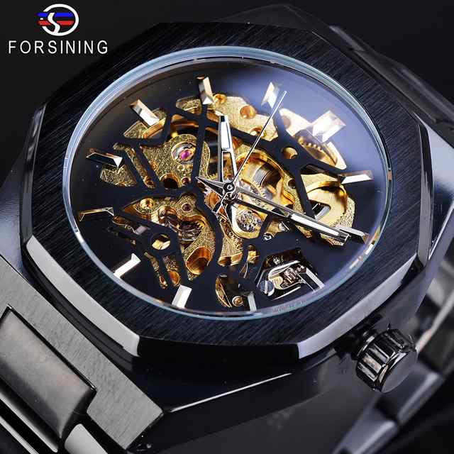 Forsiningスケルトン腕時計ブラックゴールデンビジネスマシン式時計 
