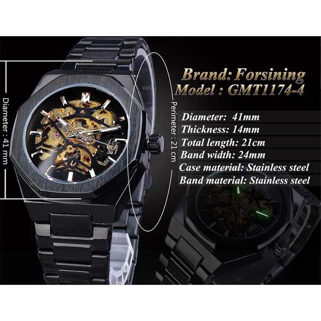 Forsiningスケルトン腕時計ブラックゴールデンビジネスマシン式時計 