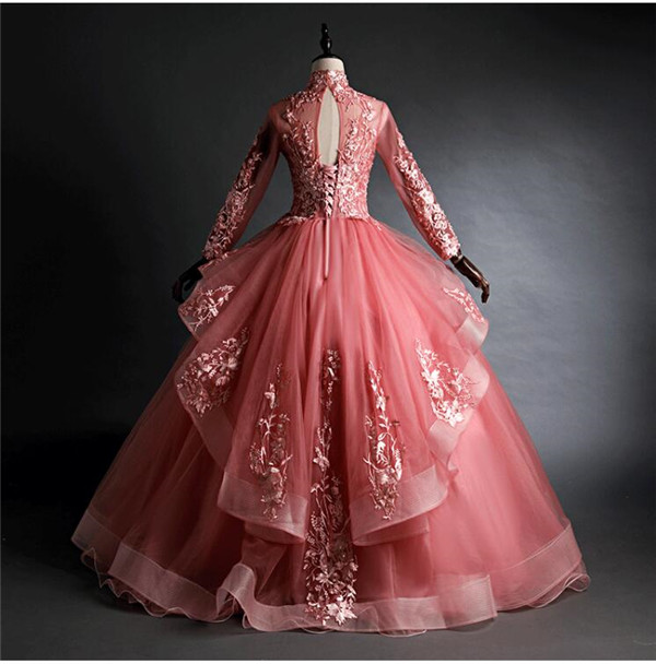 ブラウン長袖ダンスドレス ピンク刺繍 送料無料】カラードレス 長袖 ロングドレス 刺繍 ウェディングドレス