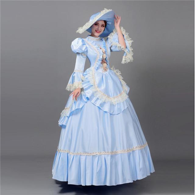【送料無料】ロココ舞台服 ステージ衣装 プリンセスライン 演劇 姫袖 ドレス 宮廷服ドレス ブルー オペラ声楽 18世紀ヨーロッパ 宮廷衣装 ハロウィン_1