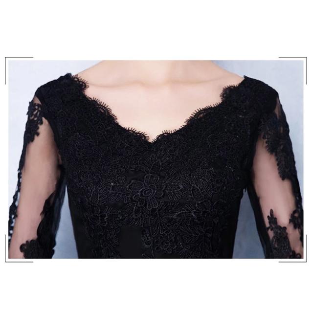 【送料無料】ミモレ丈ドレス 膝丈ドレス ブラックドレス レースドレス スレンダーライン パーティードレス 舞踏会 演奏会 披露宴ドレス ミモレ丈ドレス 膝丈ドレス 前短後長 黒 レースドレス スレンダー