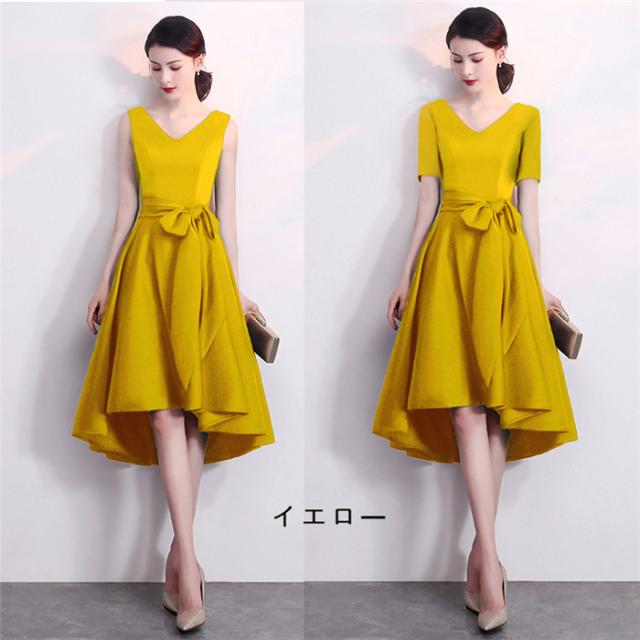 送料無料】ミモレ丈ドレス 膝丈ドレス 前短後長 袖あり 袖なし