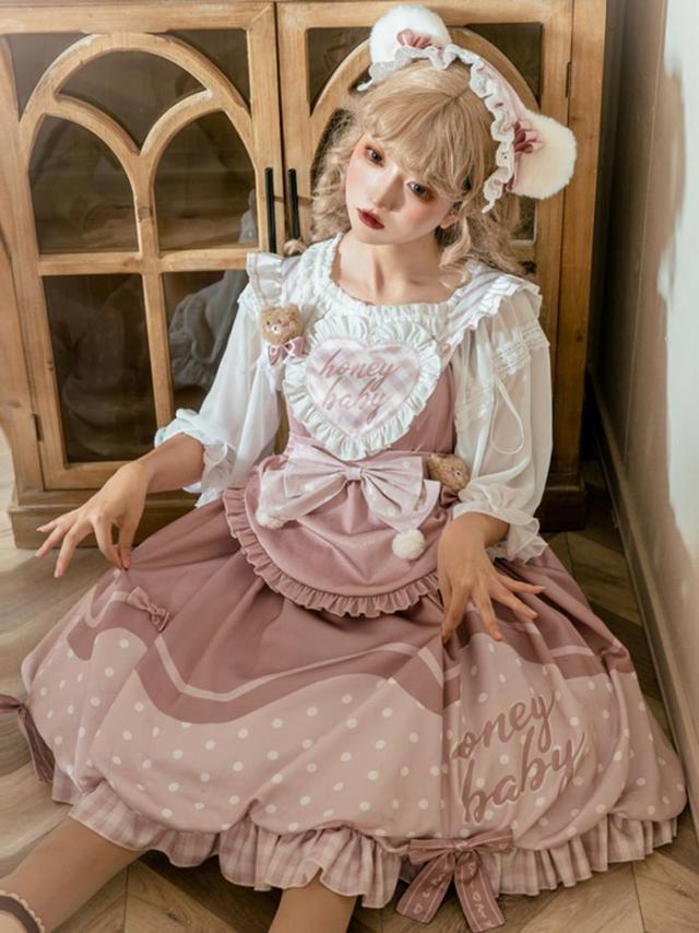 ロリータ 上下セット ワンピース 可愛い お姫様 Lolita ロリータ服 和風 ケーキ柄 JSKロリータ リボン可愛い アイドル衣装 コスチューム コスプレ衣装 プリンセスドレス 文化祭 学園祭 かわいい 萌え イベント ロリータファション ロリータ 上下セット ワンピース 可愛い お姫様 Lolita ロリータ服