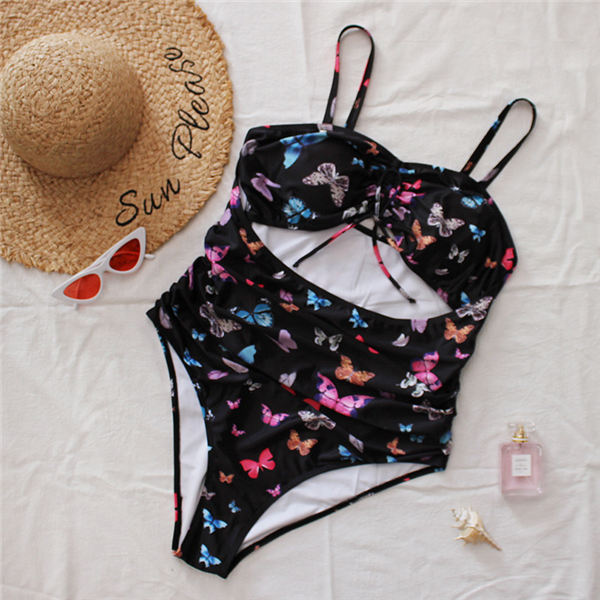 大きいサイズ 水着 蝶柄 レディース ぽっちゃり レオタード水着 体型