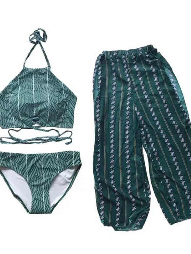 送料無料】水着 レディース リゾート風 グリーン 3点セット タンキニ