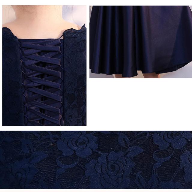 送料無料】パーティードレス ネイビー 結婚式 ドレス 袖あり ミモレ丈