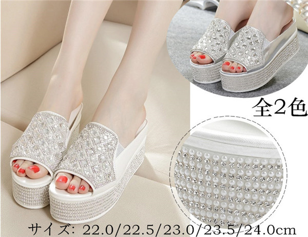 厚底ミュールサンダル ラインストーン シャイニー キラキラ オープントゥ インヒール 厚底 美脚 カジュアル 歩きやすい フラットサンダル ホワイト シルパーの通販は 5,900円