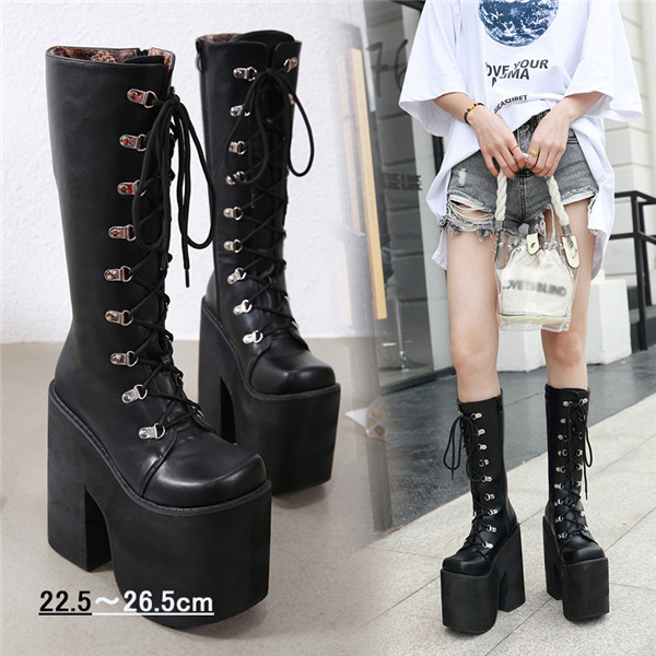 【送料無料】編み上げブーツ ロングブーツ 靴 超厚底 ヒール17cm 春秋 ブラック 黒 シンプル PU シューズ  厚底 メイド靴 コスプレ ゴシック 女の子 シューズ