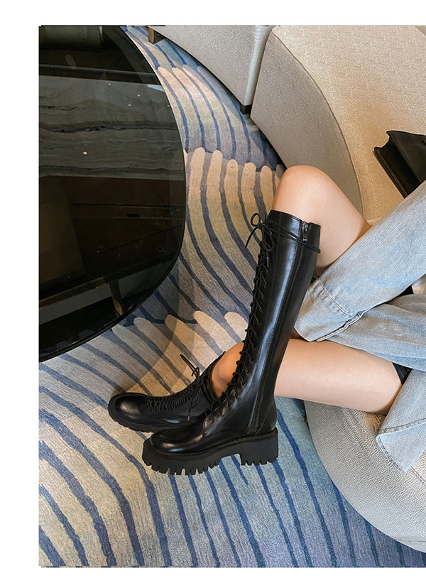 送料無料】編み上げブーツ ロングブーツ 靴 ヒール5cm 春秋 ブラック