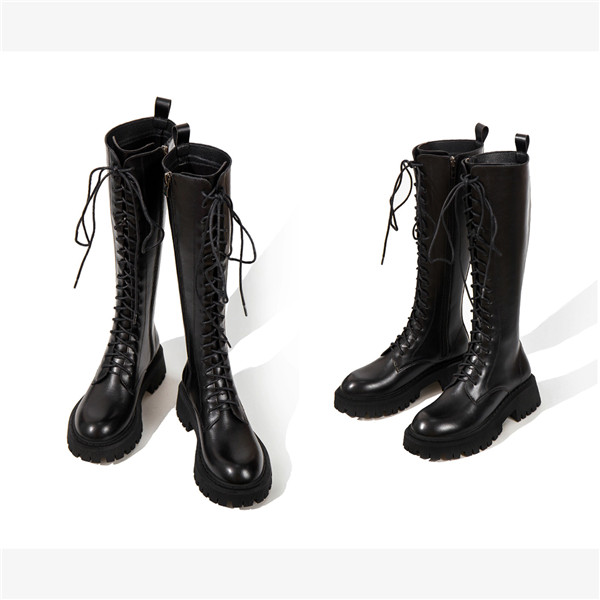 送料無料】編み上げブーツ ロングブーツ 靴 ヒール5cm 春秋 ブラック