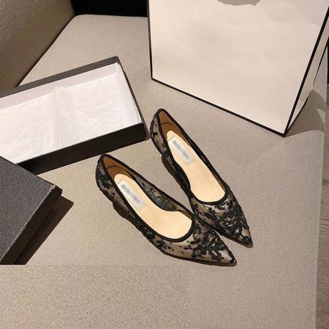 送料無料】パンプス ヒール6.5cm レース 刺繍 透け感 通気性 美脚