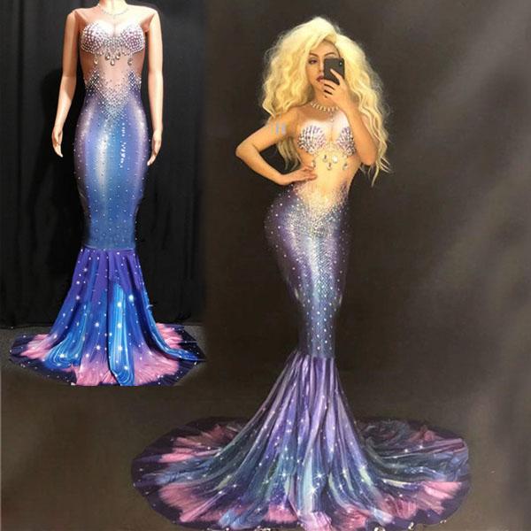 【送料無料】ラインストーンダンスドレス 歌手ステージダンスラインストーンイブニング末尾ドレス 3d プリントブルーマー メイドテールスカート クリスタルドレス 真珠衣装バーを着た