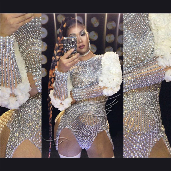【送料無料】スーパー 真珠 ラインラインストーンフラワーボディスーツ セクシー パフォーマンス 女性歌手レオタード ステージウェア 誕生日 ダンスウェア ストレッチ ストレッチ衣装