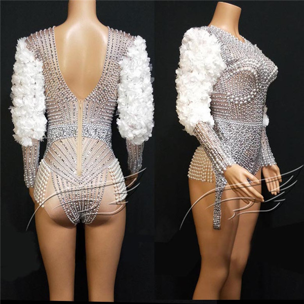 【送料無料】スーパー 真珠 ラインラインストーンフラワーボディスーツ セクシー パフォーマンス 女性歌手レオタード ステージウェア 誕生日 ダンスウェア ストレッチ ストレッチ衣装