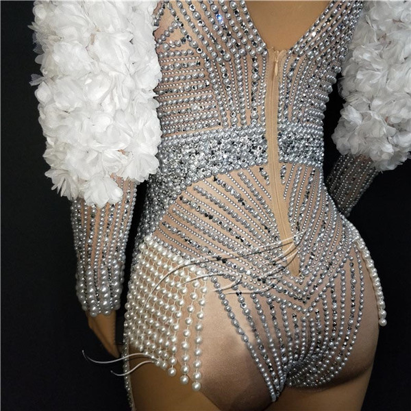 【送料無料】スーパー 真珠 ラインラインストーンフラワーボディスーツ セクシー パフォーマンス 女性歌手レオタード ステージウェア 誕生日 ダンスウェア ストレッチ ストレッチ衣装