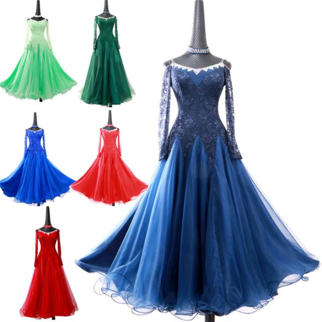 【送料無料】ワルツダンス 衣装 社交ダンス ラテンドレス ダンス ドレス 衣装 大きい裾 ステージ衣装 タンゴ モダンダンス レース  6カラー フォックストロット ラテンダンス 衣装 ダンスウエア 練習着