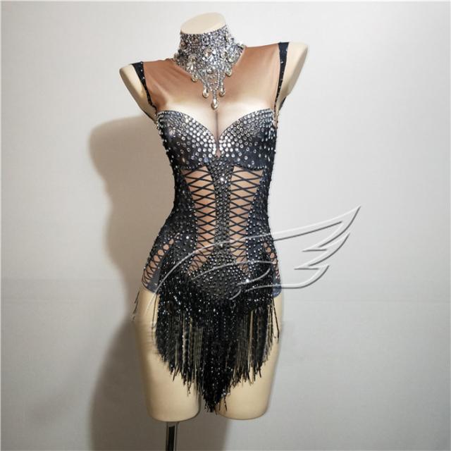 【送料無料】エキゾチックダンスウェア ラインストーンボディスーツ ナイトクラブジャンプスーツ 女性用 性能 スパンデックス タッセル クリスタル レオタード