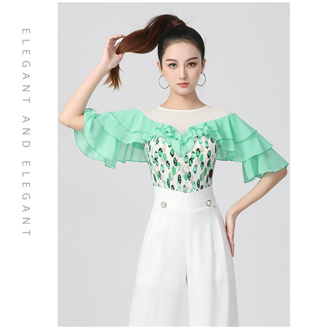 【送料無料】練習着 大人用 トップス レディース 社交ダンス ダンスウェア ラテン フリル ダンストップス 袖あり  女性 社交ダンス衣装 上着 送料無料】練習着 大人用 トップス レディース 社交ダンス ダンス