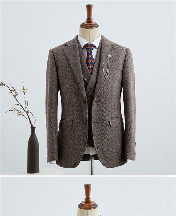 【送料無料】1ボタンスリムスーツ ビジネススーツ ウール メンズスーツ 紳士服 suit ベスト付き 3点セット メンズ大きいサイズおしゃれスーツ 結婚式 ブラウン S/M/L/XL/2XL/3XL_1