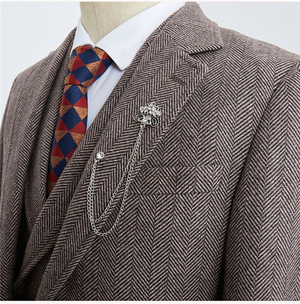 【送料無料】1ボタンスリムスーツ ビジネススーツ ウール メンズスーツ 紳士服 suit ベスト付き 3点セット メンズ大きいサイズおしゃれスーツ 結婚式 ブラウン S/M/L/XL/2XL/3XL_5