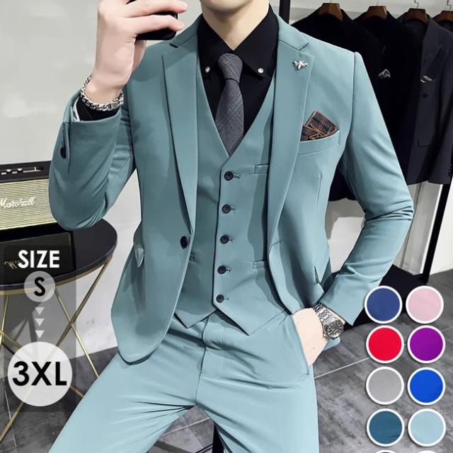 【全10カラー】スーツ メンズ スリムスーツ 紳士服 3ピース スリーピース パンツ ベスト 1つボタン 細身 おしゃれ  セットアップ フォーマル ファッション 韓国 結婚式 二次会 入学 入社式 発表会 演奏会 忘年会