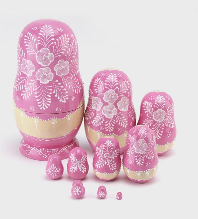 8個セット ロシア　ピンクのマトリョーシカ 民族衣装マトリョーシカ /14.5cm ＜グジェーリ模様・ピンク＞ 5ピース 工芸品